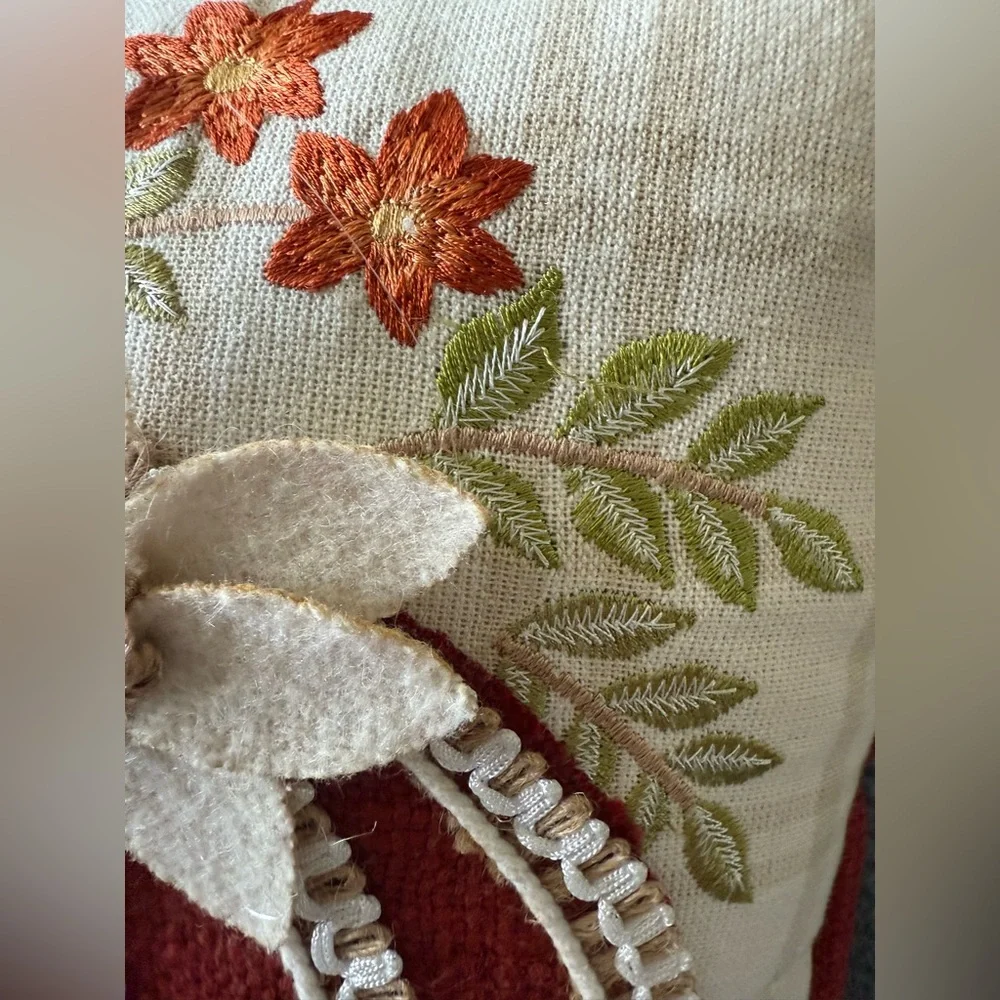 Autumn Hill Fall Embroidered Pumpkin Throw Pillow Floral Decorative